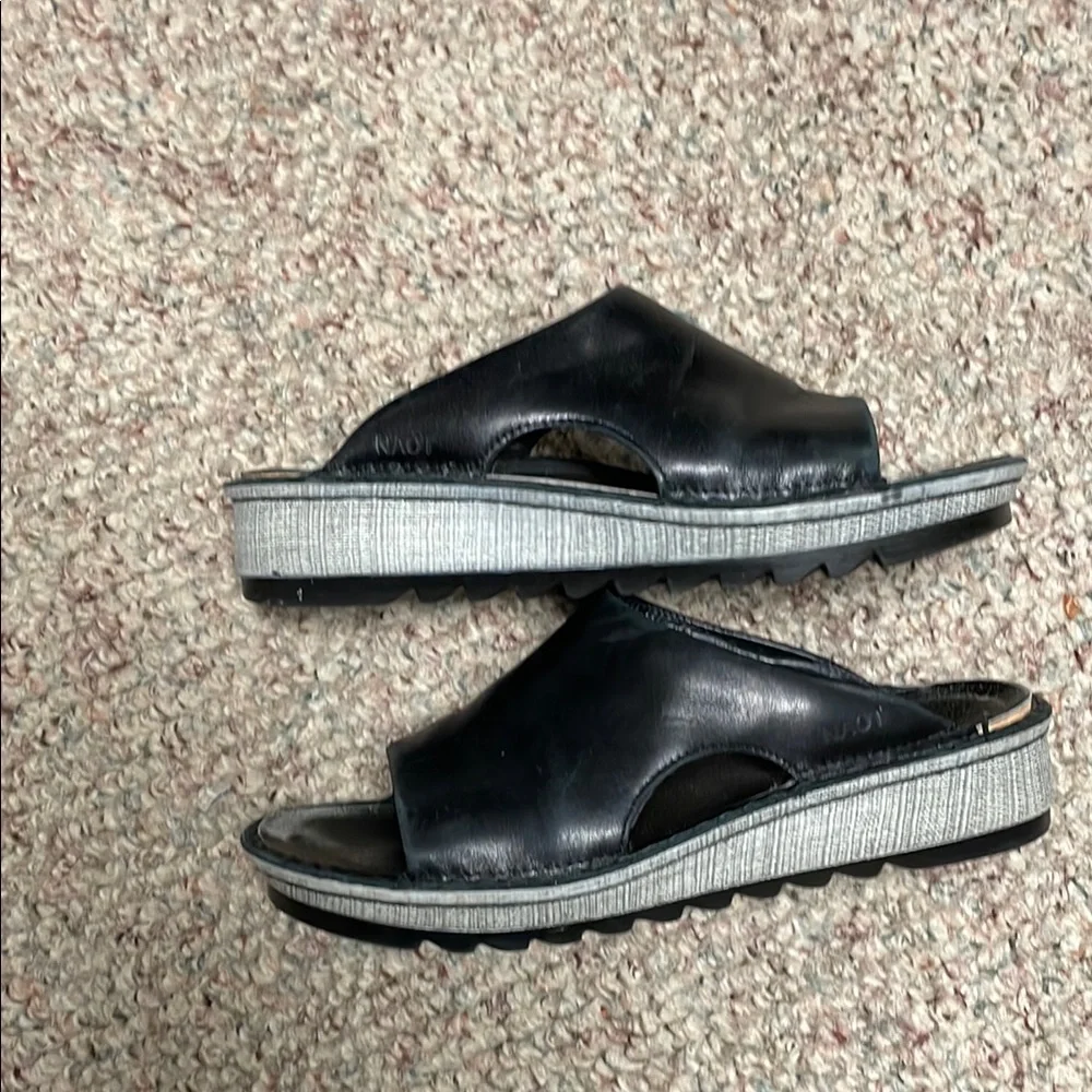 Naot Black Leather wedge Slide Sandals - Picture 3 of 10